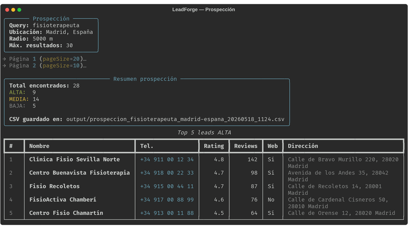 Tabla del CLI mostrando leads de fisioterapeutas en Madrid con su prioridad asignada